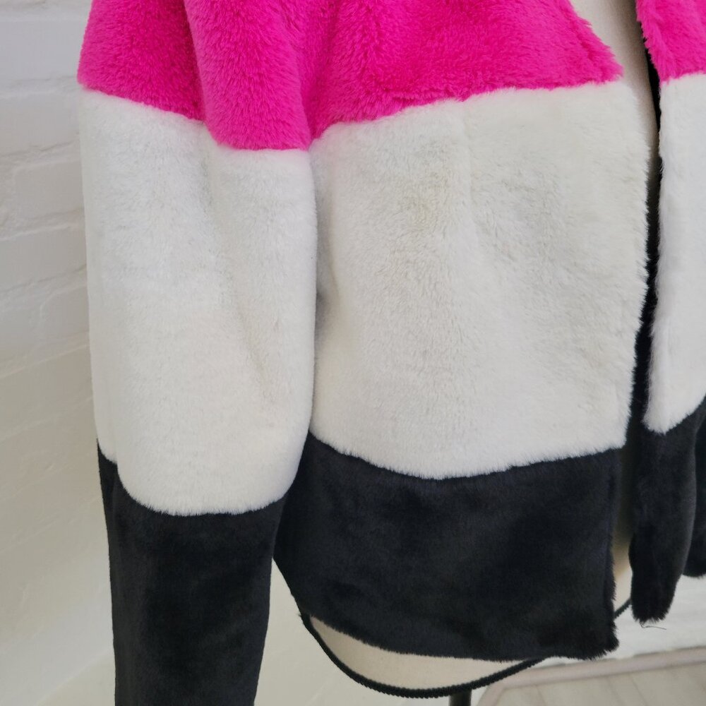 Coat Juniors Medium Black Pink White Fuzzy Furry Teddy Jacket Long Sleeve Dressy - Picture 3 of 7